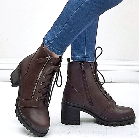 New Brown Combat Lace Up Lug Ankle Boots Booties - Picture 6 of 6
